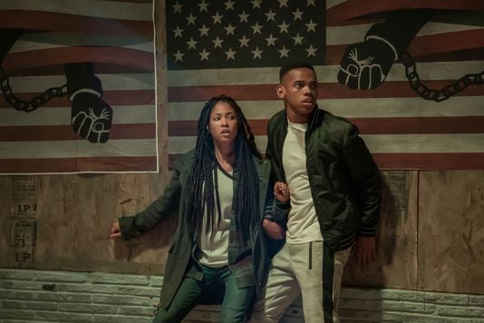 Lex Scott Davis and Jovian Wade in The First Purge